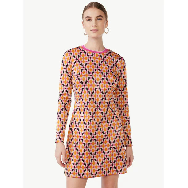 Scoop Women's Crewneck Jacquard Short Dress with Long Sleeves, Sizes XS-XXL | Walmart (US)