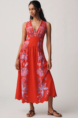 Farm Rio Porcelain Garden Red Linen A-Line Midi Dress | Anthropologie (US)
