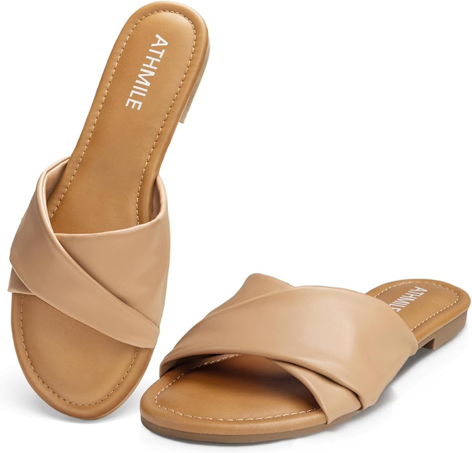 ATHMILE Sandals Women Dressy Summer Flat Comfortable Fashion Beach Cute Ladies Slides Leather Cas... | Amazon (US)