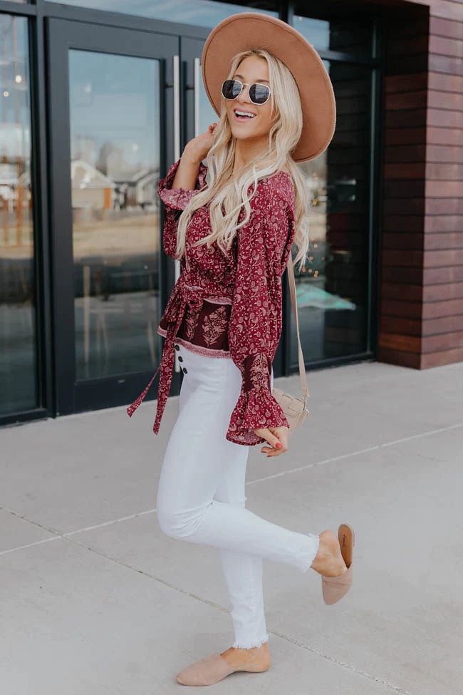 So Indecisive Floral Dark Red Blouse FINAL SALE | The Pink Lily Boutique