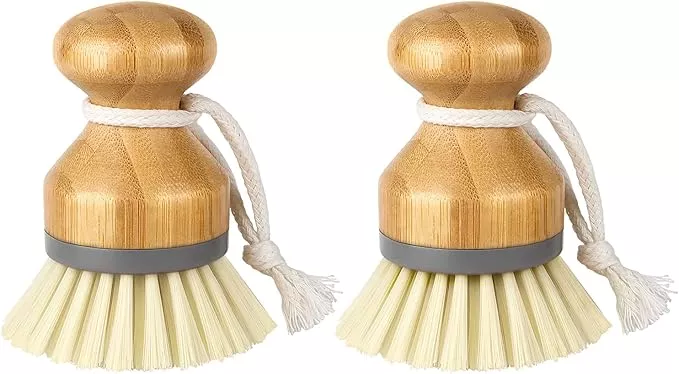 GREENTH PRO Palm Pot Dish Brush- Eco Friendly Bamboo 2 Packs Mini Durable  Scrub for Kitchen Cleaning with Ceramics Holder