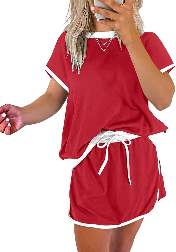 SELINK Lounge Sets for Women 2 Piece Skirt Colorblock Drop Shoulder T Shirt and Skort Set Summer ... | Amazon (US)