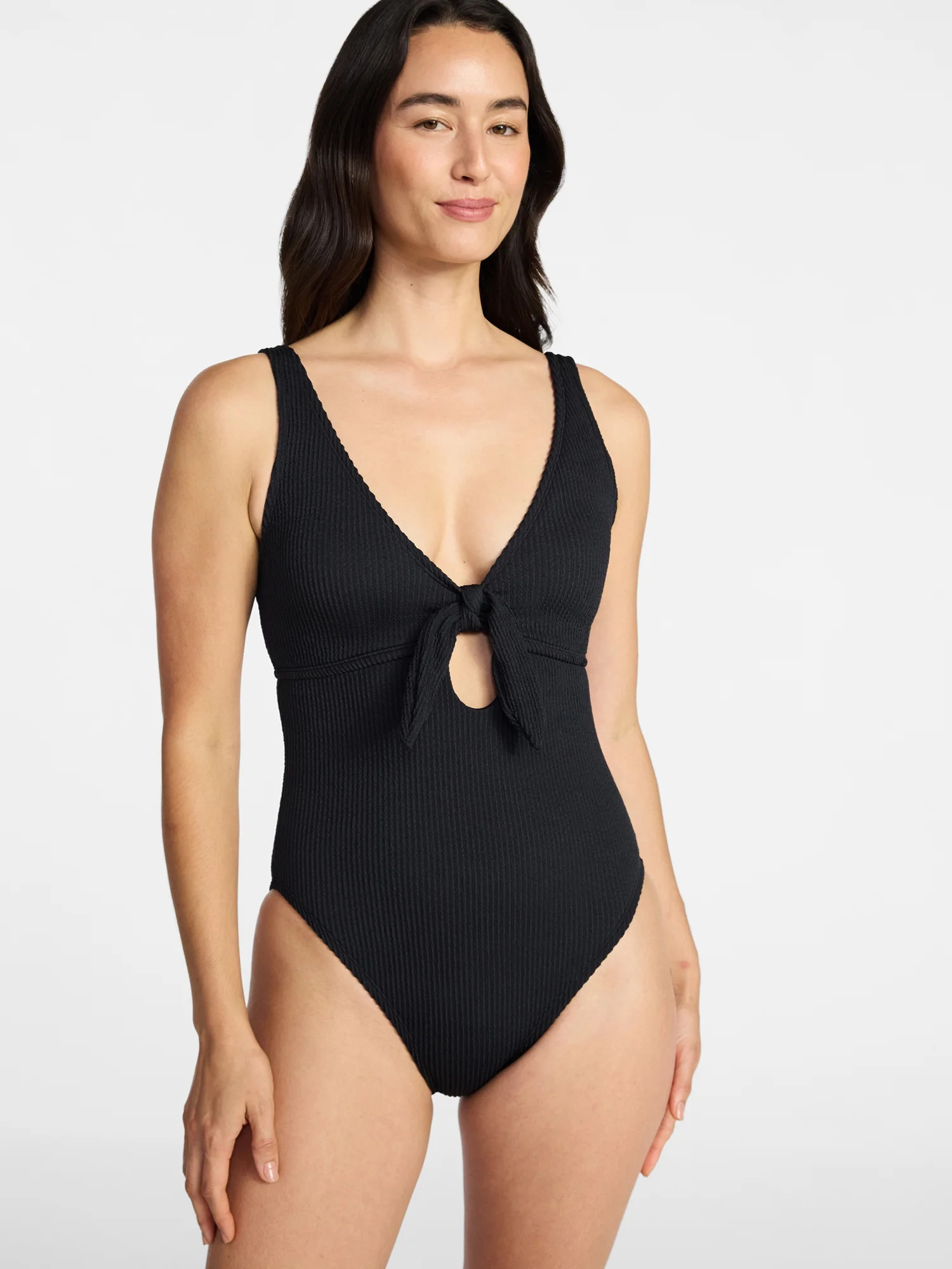 Time and Tru Women's and Women's Plus Size Crinkle Plunge Tie Front One Piece Swimsuit, Sizes XS-... | Walmart (US)