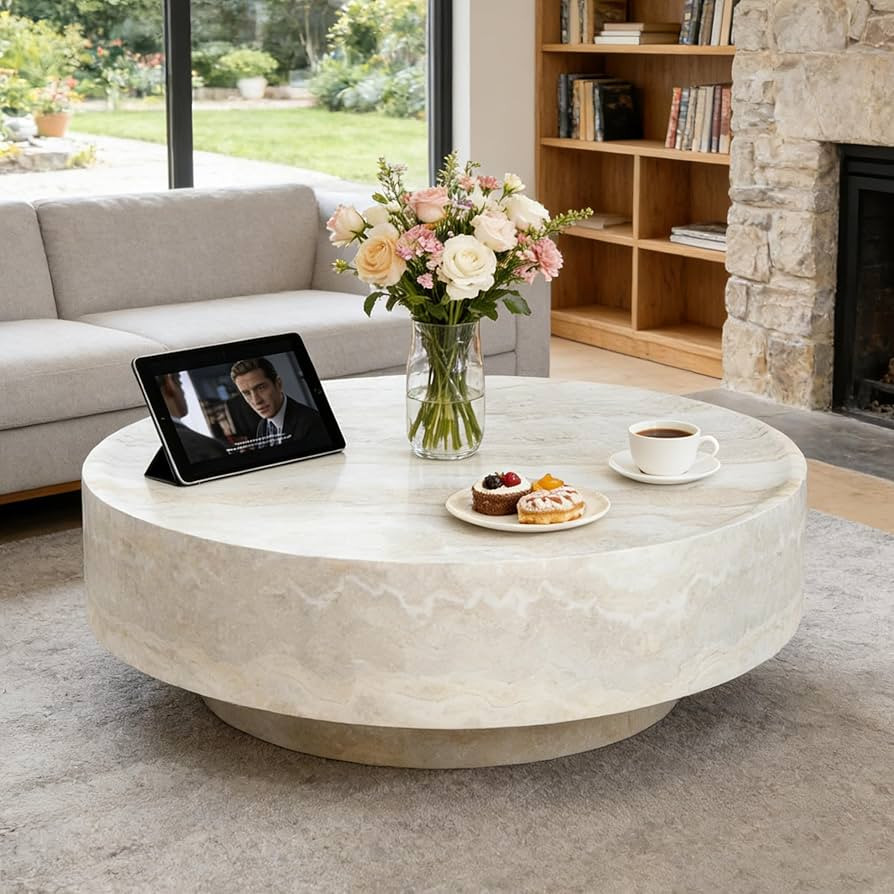 35.43" Round Coffee Table with Cylindrical Legs in Faux Marble,Stylish and Modern Fiberglass Drum... | Amazon (US)