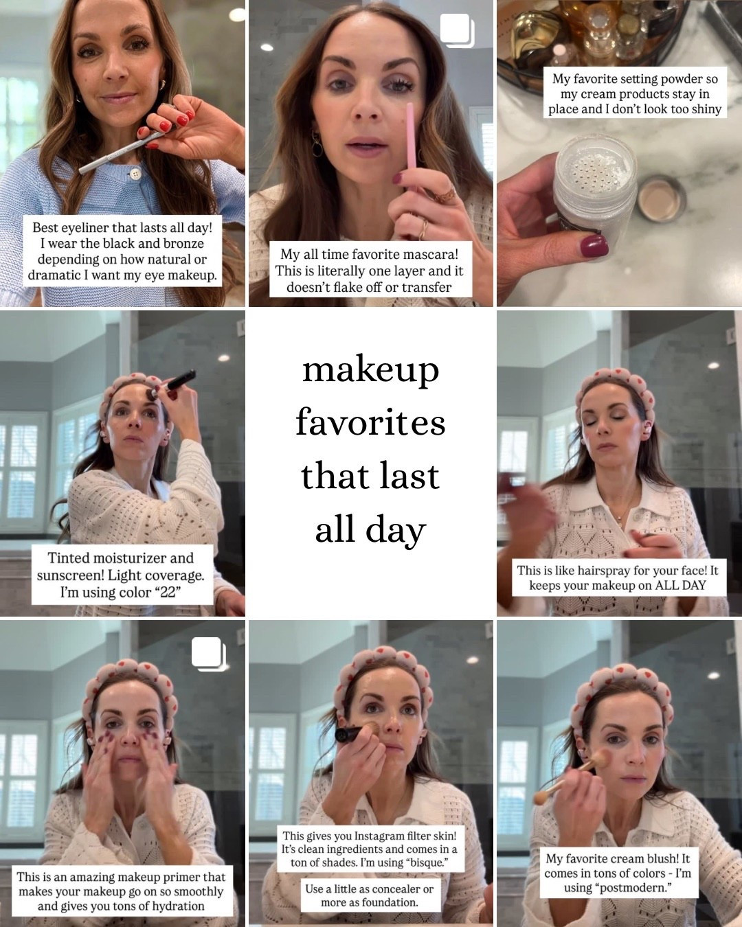 Makeup favorites that I love and swear by, and help my skin as it ages. Also the powder and finishing spray keep my makeup on all day!