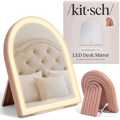 Kitsch Arch Desk Vanity Mirror with Lights, LED Makeup Surface, Touch Sensor Dimmable Warm Neutral Cool Glow, Rechargeable Desk Mirror with Kickstand for Travel - Terracotta | Amazon (US)