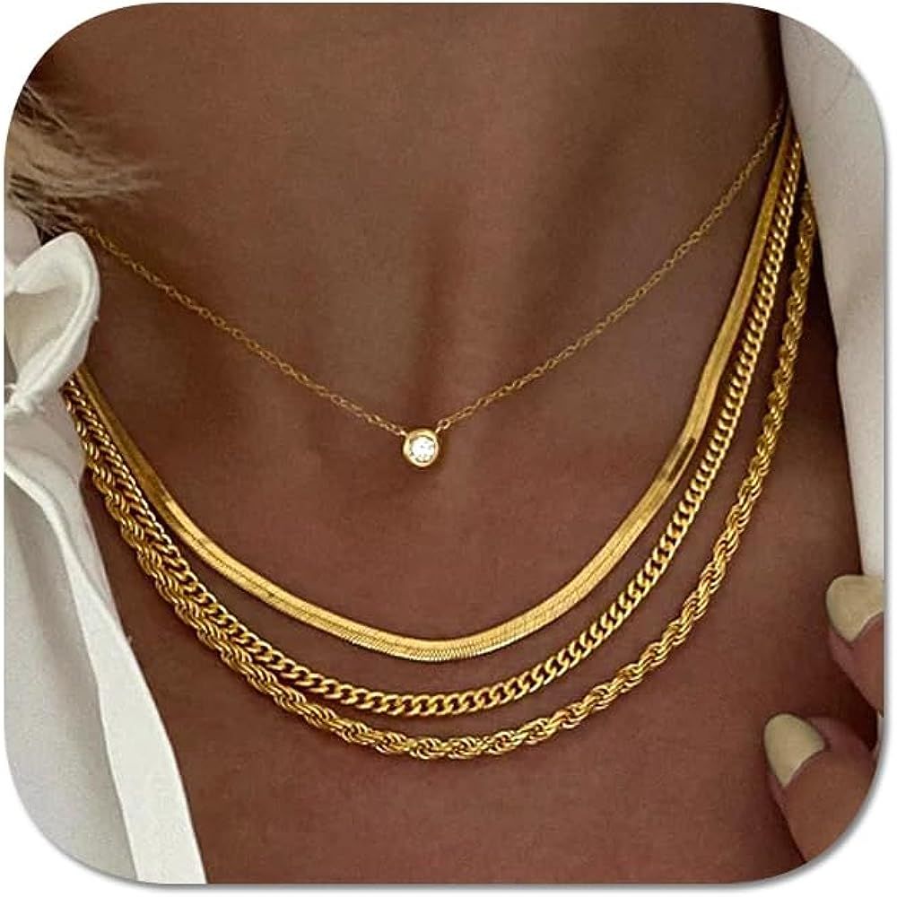 17 MILE Gold Layered Chain Necklace Set for Women Trendy | 14K Gold Plated Dainty Herringbone Cho... | Amazon (US)