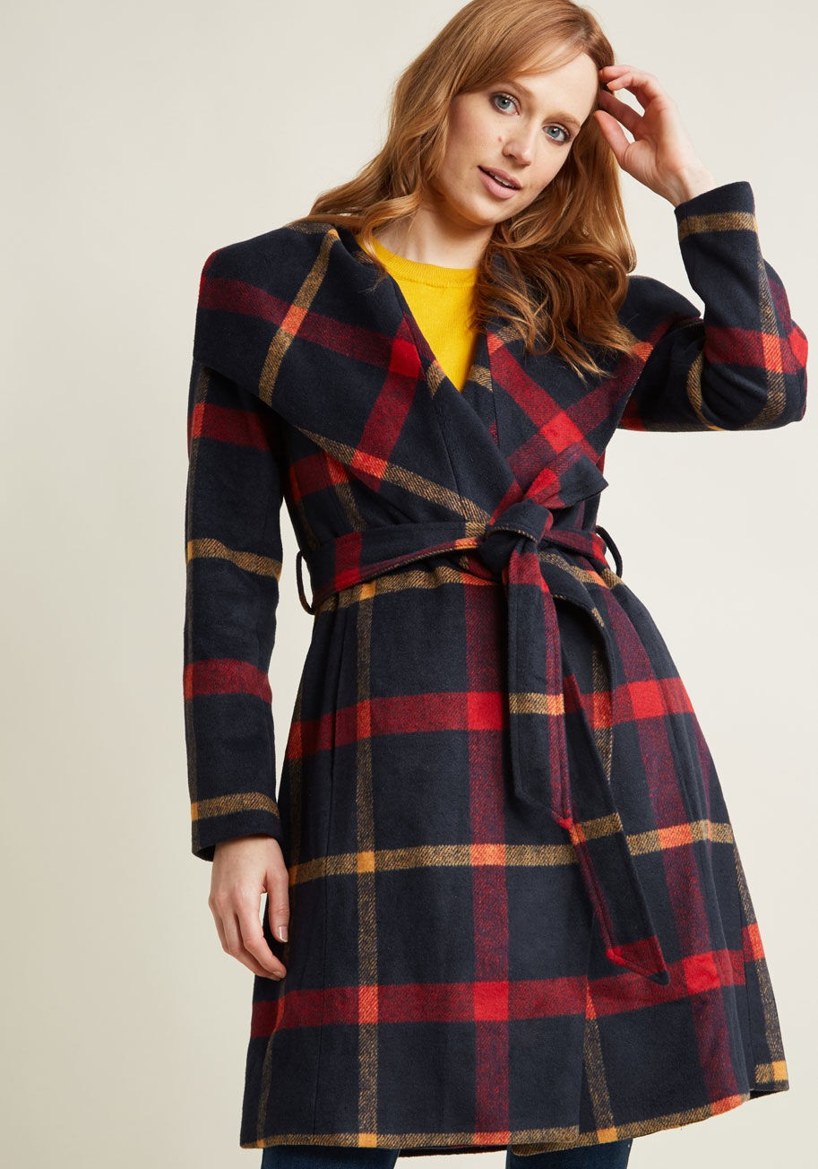 Intelligent Around Town Belted Coat in Plaid | Modcloth