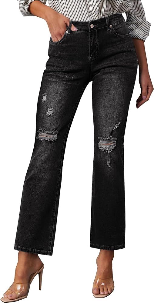 GRAPENT Jeans for Women High Waisted Distressed Straight Leg Ripped Jeans Stretchy Denim Pants We... | Amazon (US)