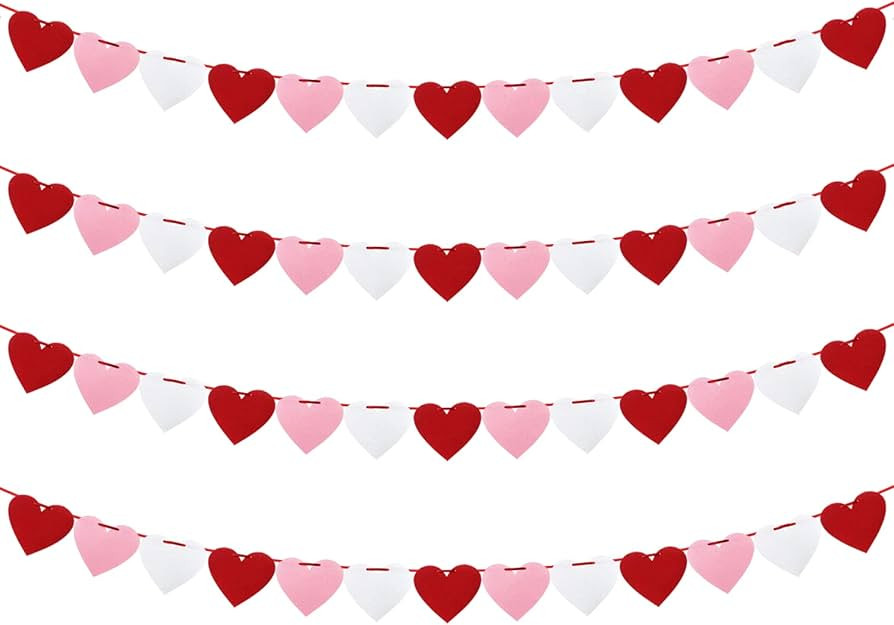 XIANMU 4 Pack Felt Heart Banner Pre-Strung Valentine’s Day Garland Banner Heart Decorations for... | Amazon (US)
