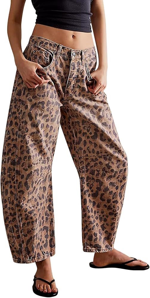Women Leopard Barrel Jeans Casual Wide Leg Baggy Panst Y2k Boyfriend Mid Rise Denim Ankle Pants | Amazon (US)