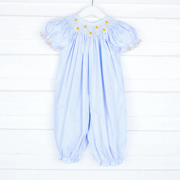 Light Blue Smocked Mini Pumpkins Long Bubble | Classic Whimsy