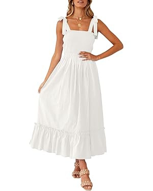 ZESICA Women's 2024 Summer Boho Spaghetti Strap Square Neck Solid Color Ruffle A Line Beach Long ... | Amazon (US)