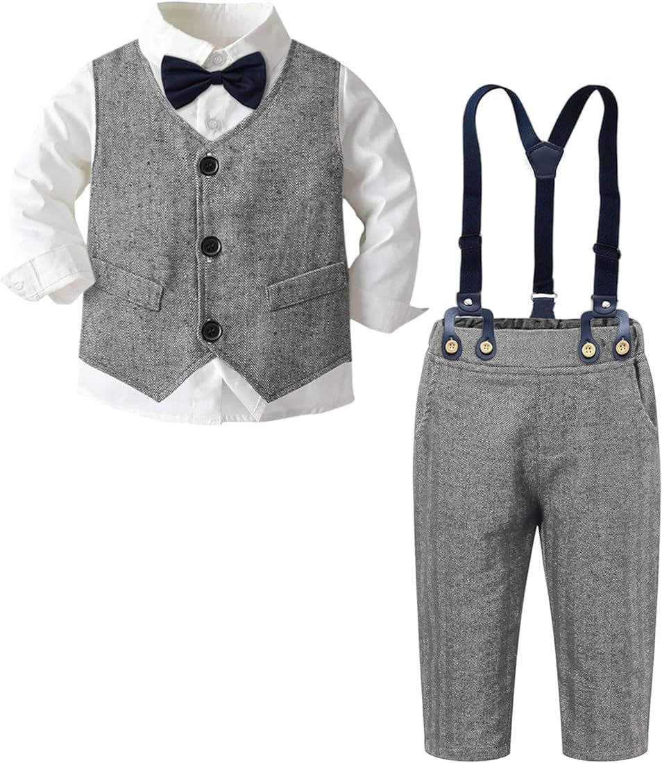 SANGTREE Boys Clothes Set, Shirt with Bow Tie + Beret Hat + Suspender Pants Sets, 3 Months - 9 Ye... | Amazon (US)