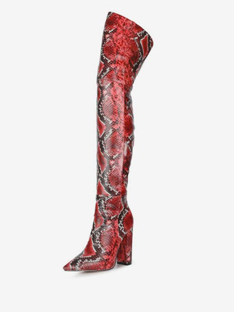 Over The Knee Boots Leather Pink Pointed Toe Snake Print Chunky Heel Thigh High Boots | Milanoo