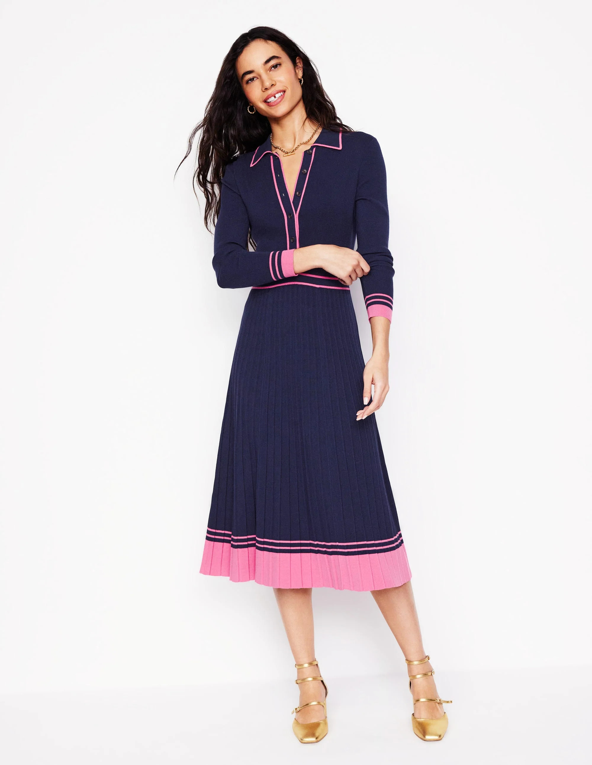 Collared Pleated Knitted Dress-Navy/Pink Colourblock | Boden UK