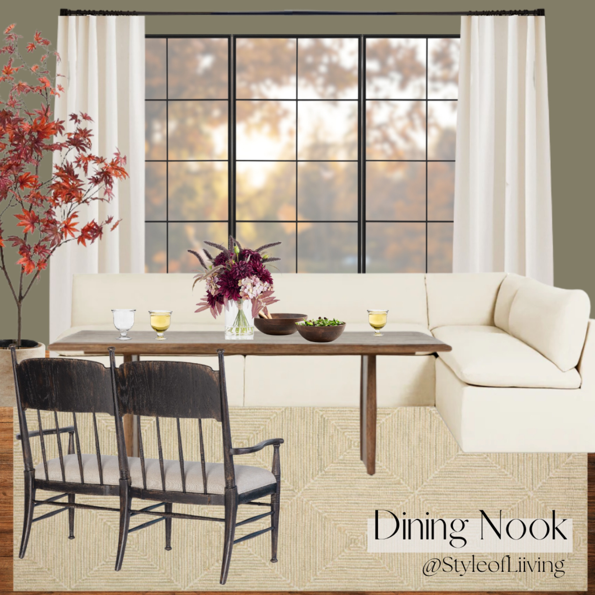Dining room nook. Home decor and interior design boards. Banquettes, dining bench, curtains, dining table, faux foliage tree, serveware, drinking glasses, wood salad bowls, wine glasses stemless. 

#LTKHome #LTKFamily #LTKStyleTip