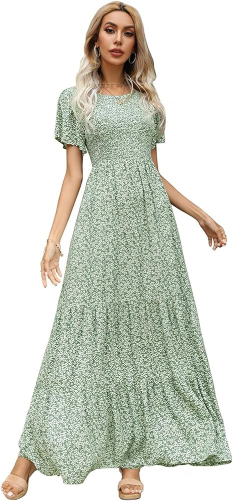 Kranda Women Summer Dress Round Neck Flutter Short Sleeve Smocked Ruffle Tiered Floral Maxi Dress... | Amazon (US)