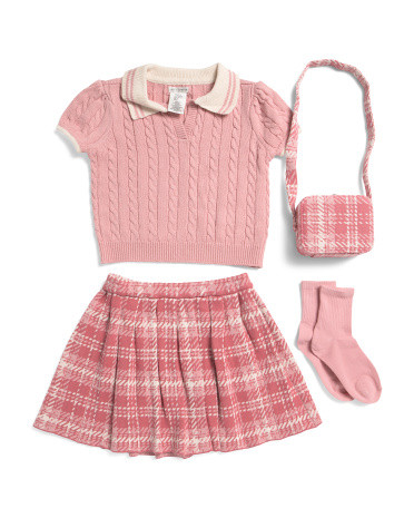 Girls 2pc Short Sleeve Polo And Plaid Skirt Sets With Socks And Purse | TJ Maxx