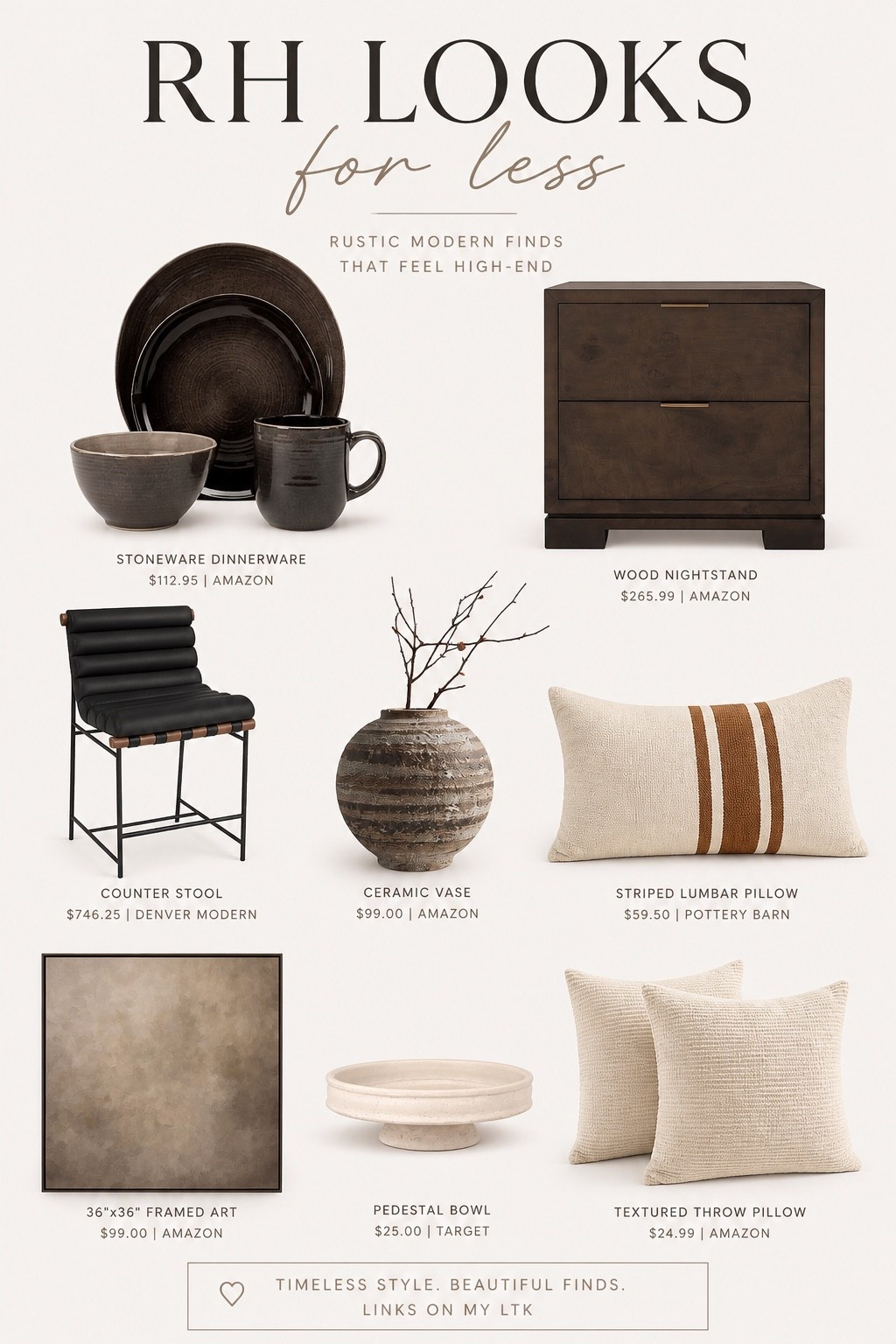 Rustic Modern RH Looks for Less

These are the rustic modern finds currently giving my home that warm, layered, high-end look without the designer price tag. I’m loving the moody wood tones, textured neutrals, artisan-inspired pieces, and cozy accents that make a space feel collected and elevated. These are the kinds of pieces that instantly make a home feel more custom, timeless, and cozy.

#LTKHome #LTKSaleAlert