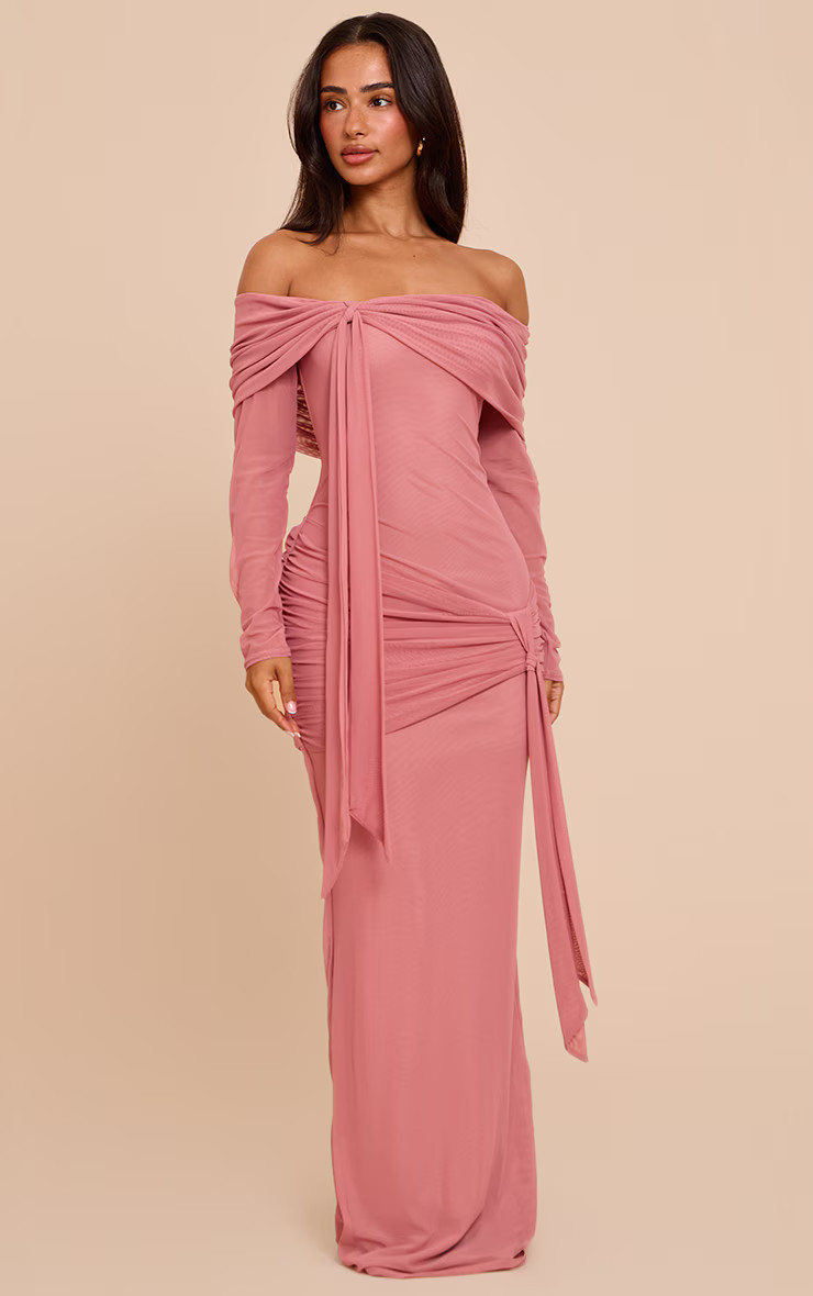 Petite Deep Pink Asymmetric Bardot Maxi Dress | Petite | PrettyLittleThing UK