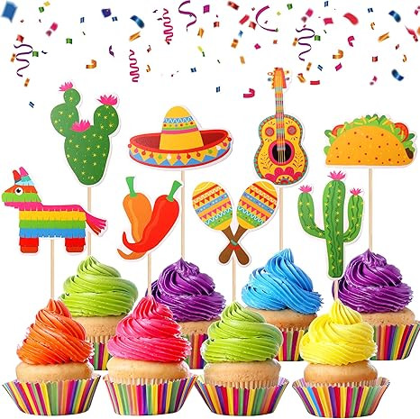32 PCS Mexican Fiesta Cupcake Toppers Assembled Cactus Donkey Maraca Sombrero Guitar Cupcake Pick... | Amazon (US)