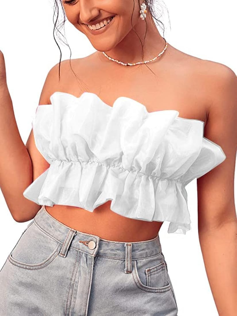 Verdusa Women's Layered Ruffle Trim Strapless Organza Tube Top Crop Blouse | Amazon (US)