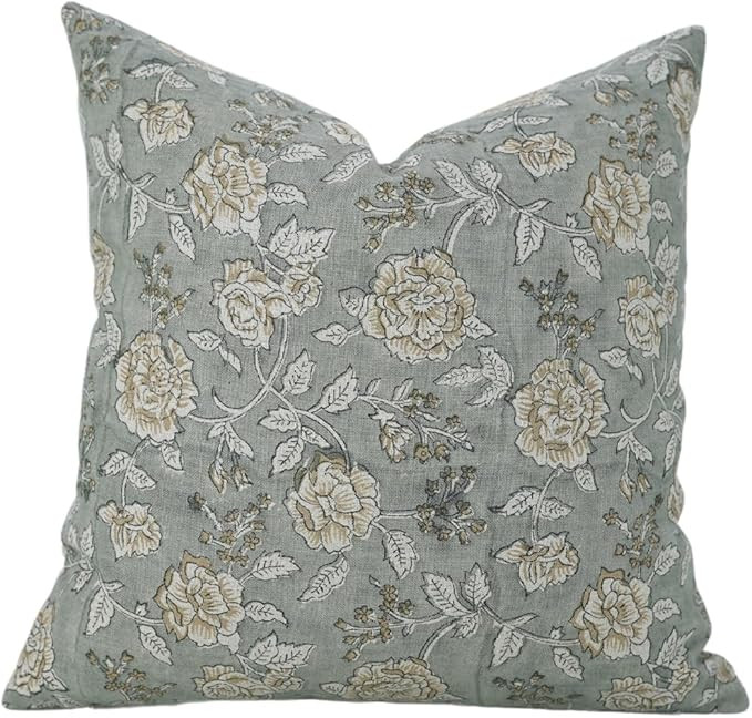 Handmade 24x24 Inch Block Print Pure Linen Throw Pillow Cover with Hidden Zipper Decor for Sofa, ... | Amazon (US)