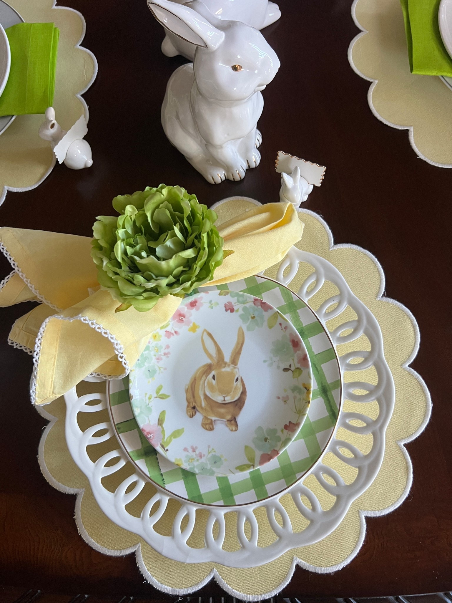 Easter tablescape 
Easter table setting
Easter
Bunny
Yellow
Green gingham 
Yellow and green table
BellaGrey Designs 
Table
Tablescape
