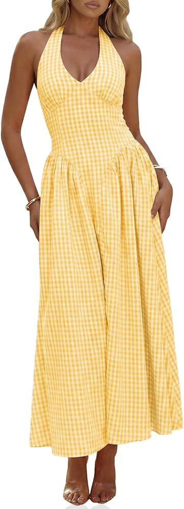 Wenrine Womens Halter V Neck Corset Maxi Dresses Summer Plaid Smocked Tie Back Backless Wedding G... | Amazon (US)