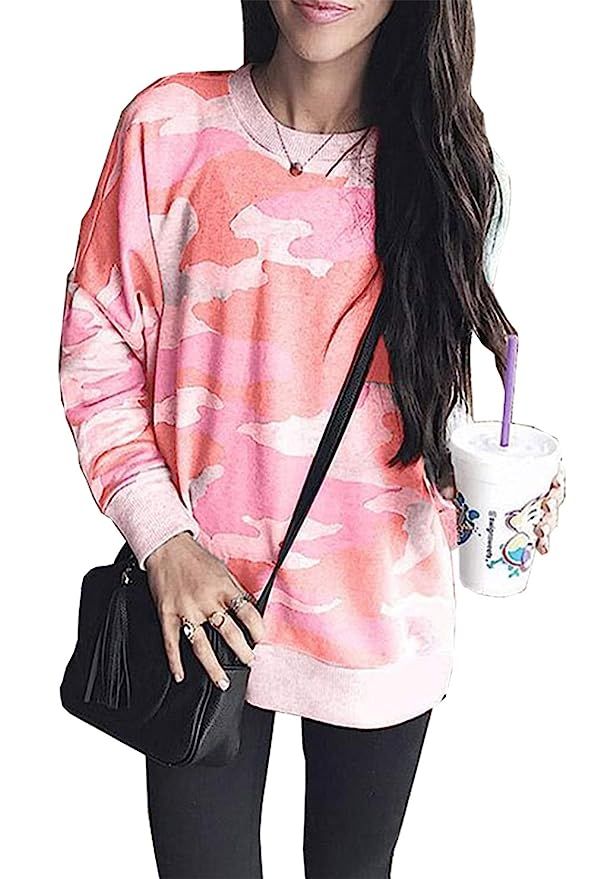 BTFBM Women Camouflage Print Long Sleeve Crew Neck Loose Fit Casual Sweatshirt Pullover Tops Shirts | Amazon (US)