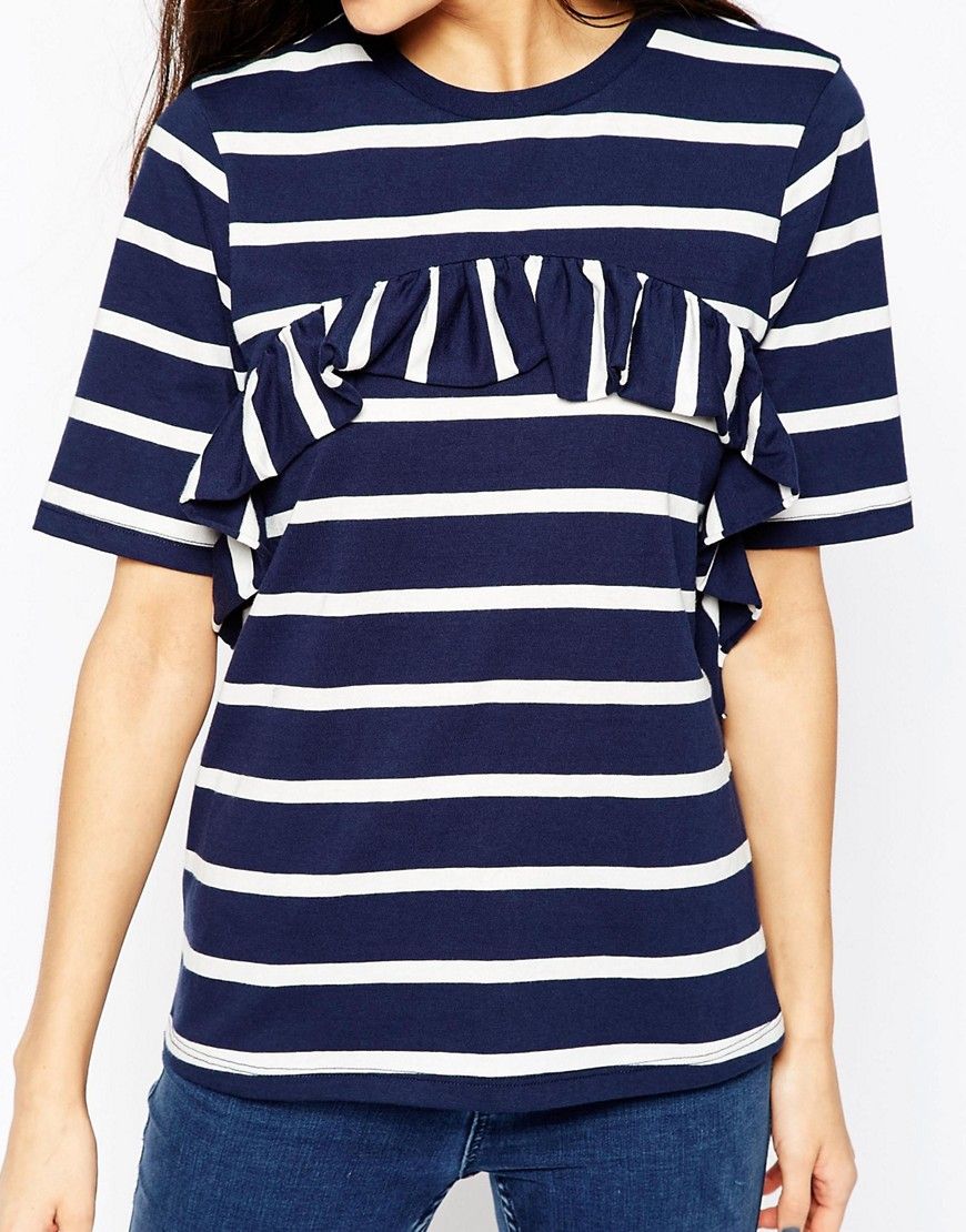 ASOS T-Shirt With Ruffle Front In Stripe | ASOS US