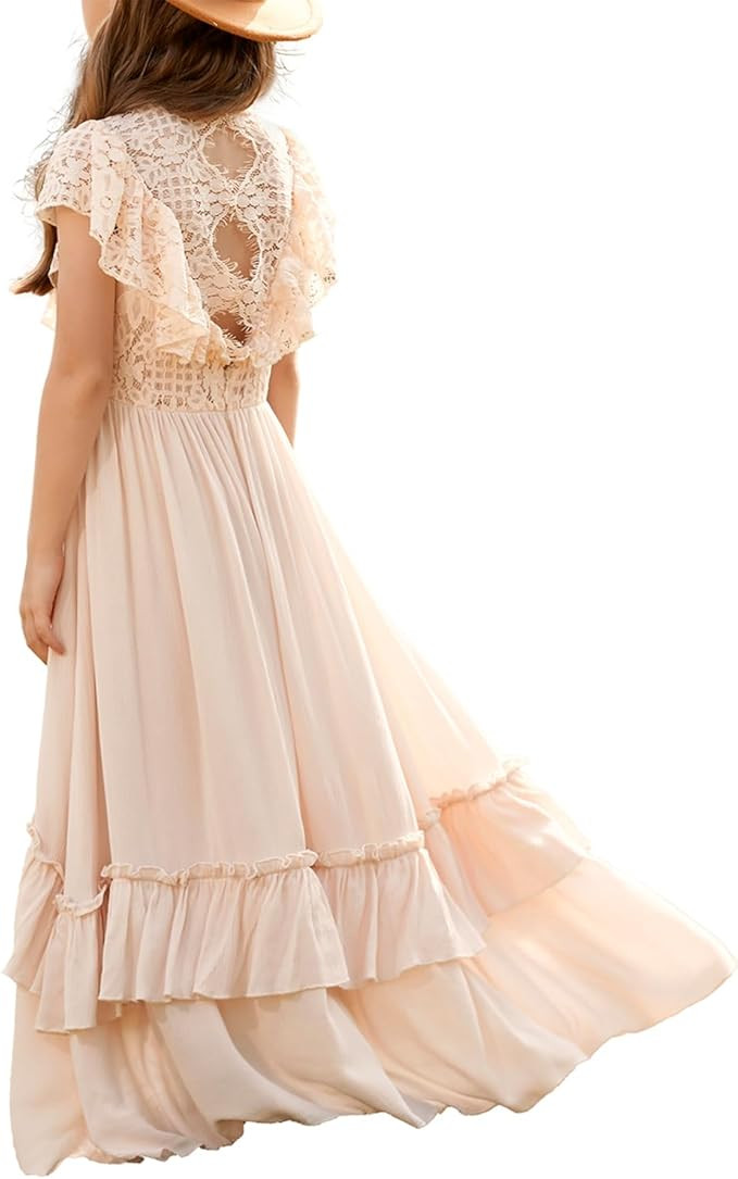 BIBIHOU Girls Lace Dress Boho Backless A Line High Low Hem Party Flower Girl Dress 6-14 Years | Amazon (US)