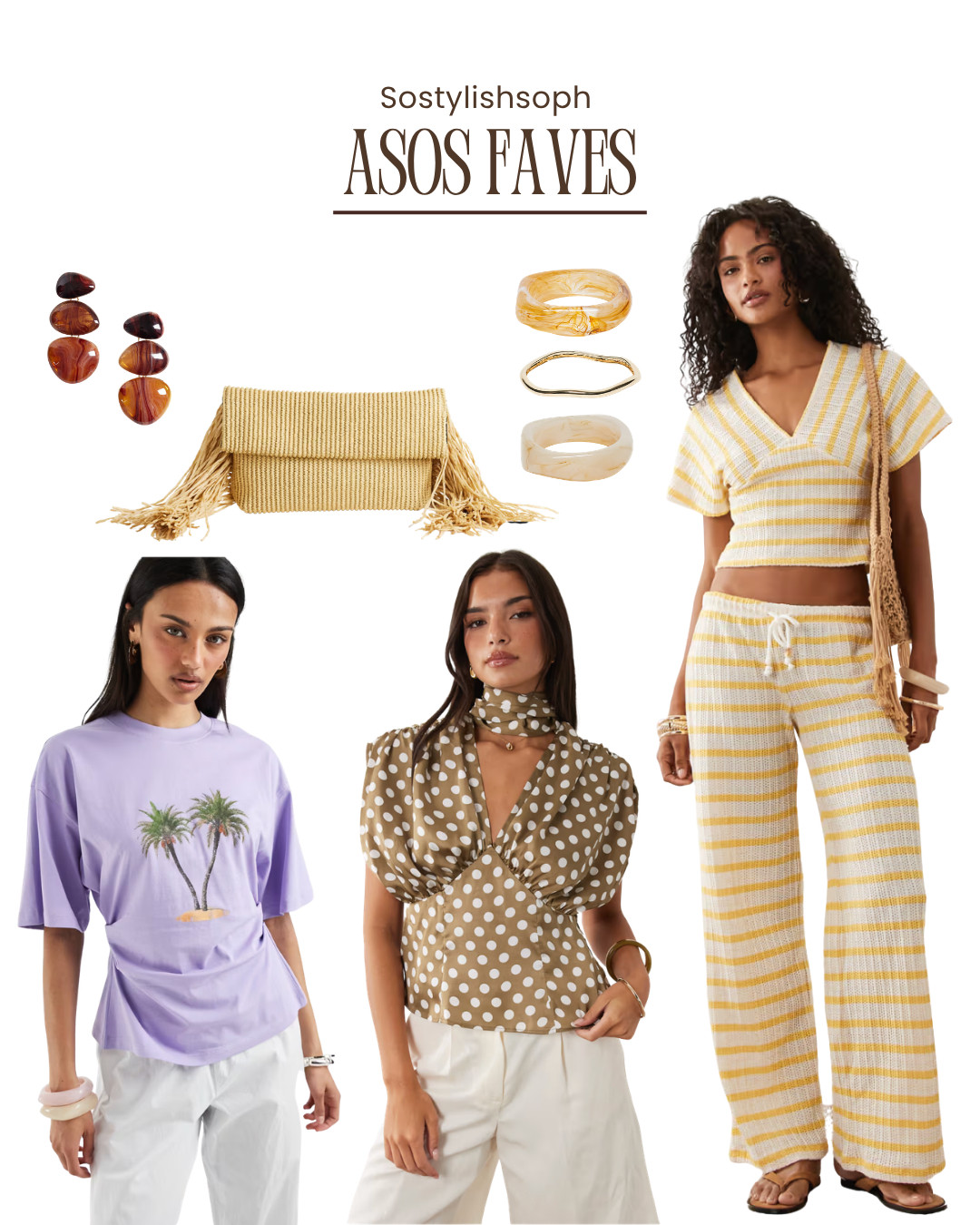 Current ASOS faves!

yellow striped co-ord, knit set, crochet trousers, striped crop top, matching set, resortwear, holiday outfit, summer style, beachwear, woven bag, fringe clutch, resin ring, statement earrings, polka dot top, scarf detail top, lilac graphic tee, palm tree tee, white trousers, neutral tones, boho accessories, casual chic, vacation look, ASOS fashion, warm weather outfit 

 #LTKuk #LTKeurope #LTKdatenight
