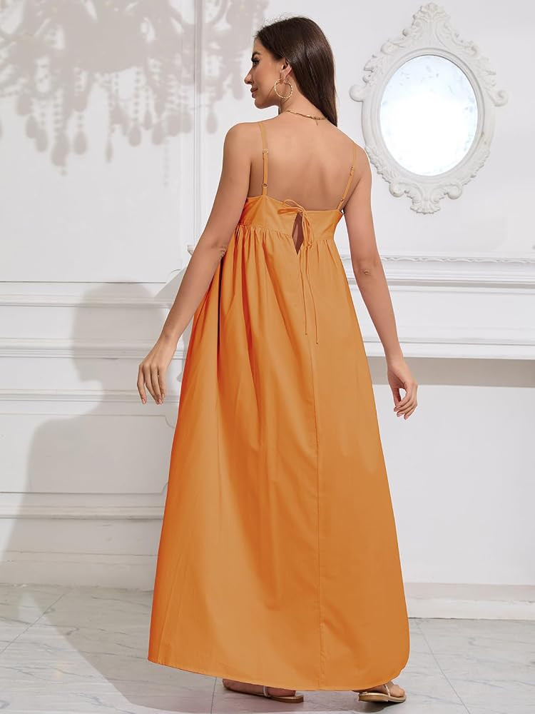 ebossy Women's Summer Backless Tied Spaghetti Straps Casual Loose Cutout Maxi Dress with Pockets | Amazon (US)