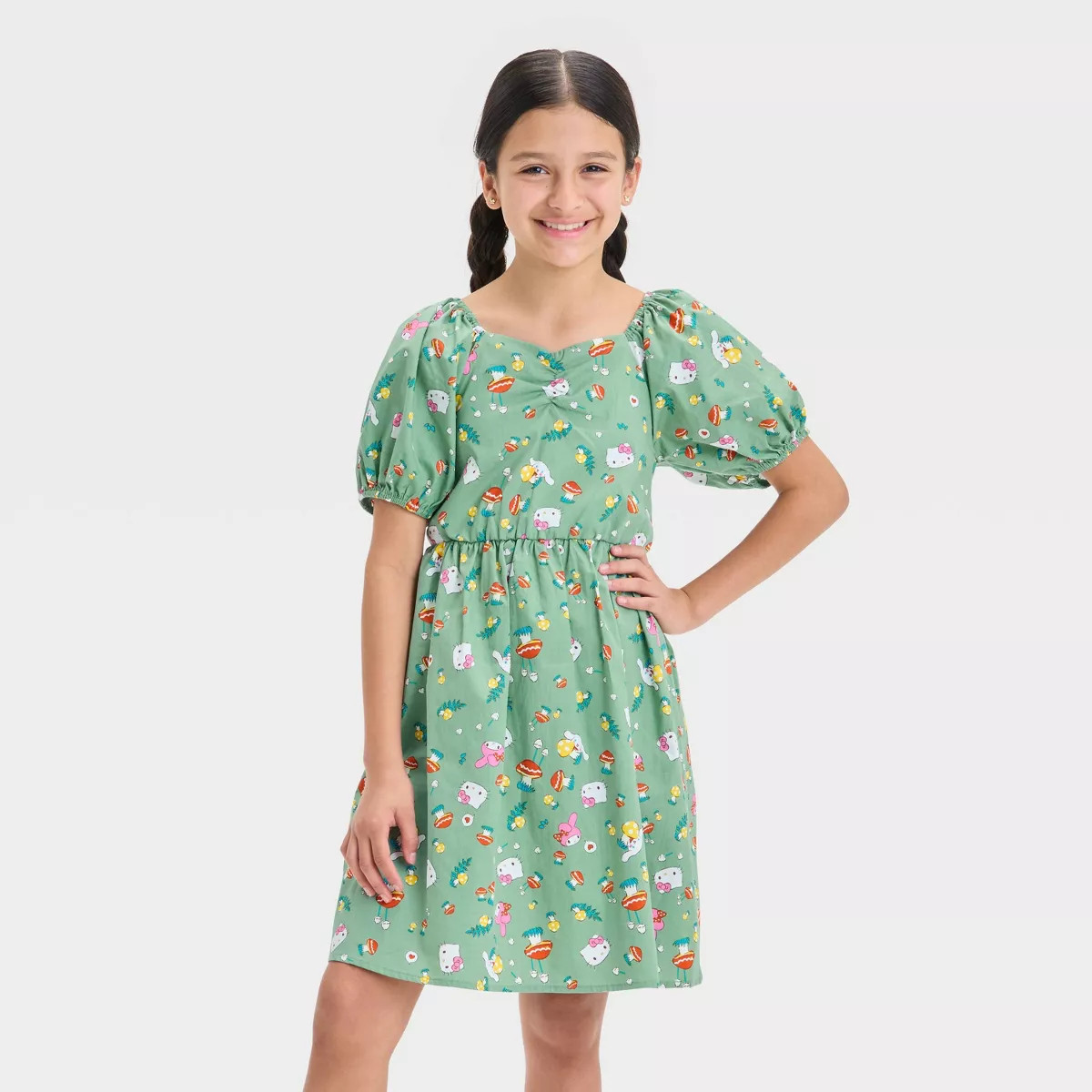 Girls' Hello Kitty Mushrooms Elevated Printed Dress - Green | Target