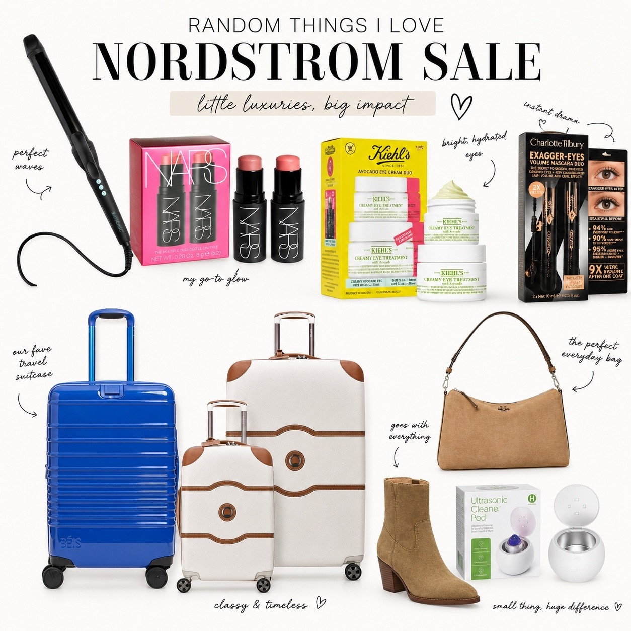 The Beis carry-on roller, my long barrel curling iron that my 23 year old also uses, my favorite mascara, the cacao eye cream that instantly de-puffs..... a few of my favorite during the sale.

Nordstrom Anniversary Sale early access begins July 14 for Icon cardmembers, July 15 for Ambassador cardmembers, July 16 for Influencer cardmembers, and opens to the public on July 18.