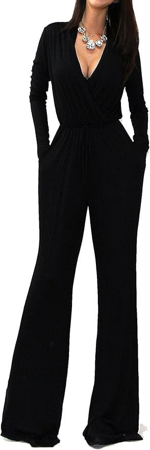 Vivicastle Women's USA Sexy Wrap Top Wide Leg Long Sleeve Cocktail Knit Jumpsuit | Amazon (US)