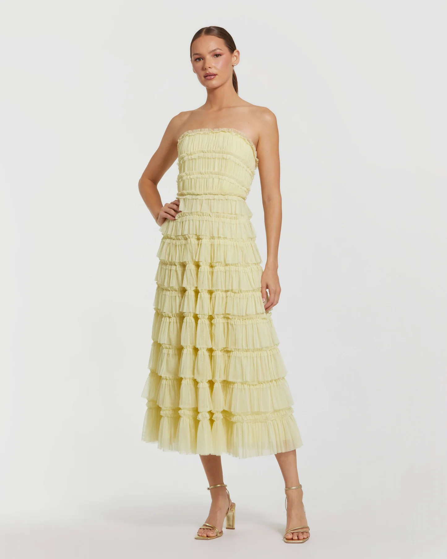 Yellow Mesh Micro Ruffle Strapless Midi Dress | Mac Duggal | Mac Duggal