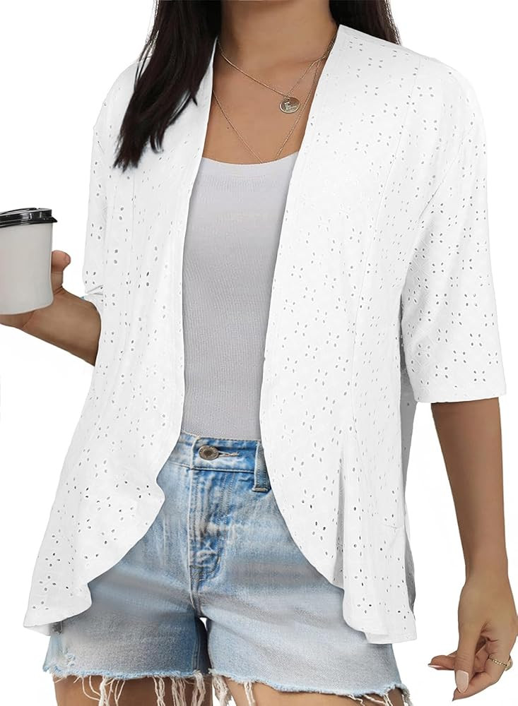 Eytino Plus Size Cardigan for Women Half Sleeve Netted Knit Ruffle Kimono Cover up Tops 2026 Spri... | Amazon (US)