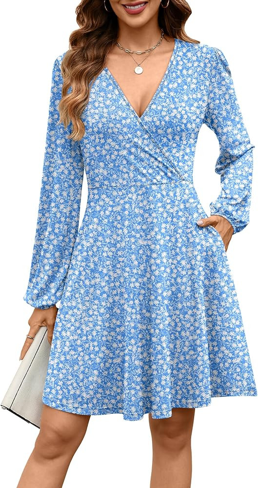 ANRABESS Womens 2025 Fall Long Sleeve Wrap Dress Floral Flowy A-Line Casual Work Versatile Vacati... | Amazon (US)