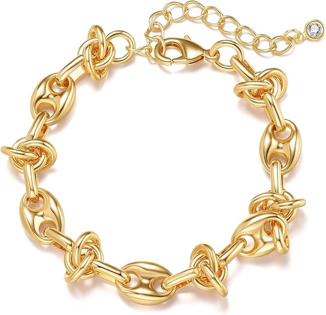 Chunky Gold Bracelets for Women 14K Gold Plated Link Bracelet Dainty Thick Chain Bracelets for Wo... | Amazon (US)
