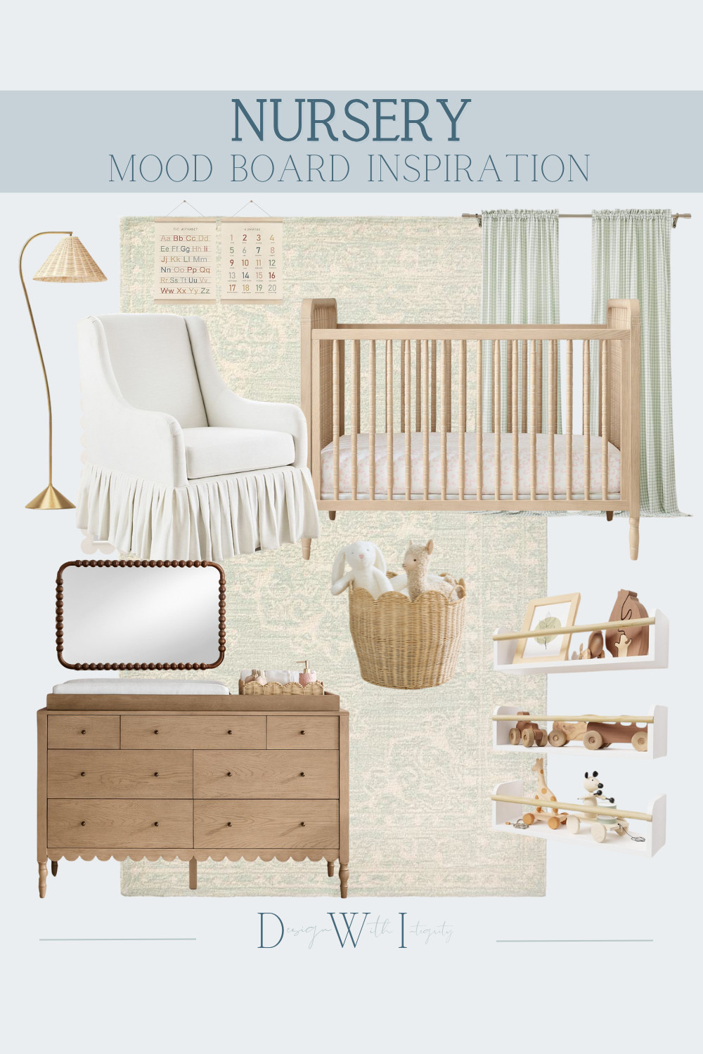 This nursery mood board is all about soft neutrals layered with warm wood tones for a space that feels calm, inviting, and timeless. The natural wood crib and coordinating dresser create a grounded foundation, while the upholstered glider with tailored skirt detailing adds both comfort and elegance. Subtle pattern in the rug and drapery brings in texture without overwhelming the space, and woven accents add warmth and a touch of playfulness. Every piece was selected to create a serene nursery that feels elevated yet functional for everyday life. Tap through to shop the curated nursery furniture, lighting, and decor selections.

#nurseryinspiration
#nurserydesign
#neutralnursery
#nurserydecor
#babyroomdesign

LTK Keyword Tags
nursery mood board
neutral nursery design
wood nursery furniture
natural wood crib
nursery dresser
nursery glider
neutral baby room
nursery inspiration 

 #LTKHome