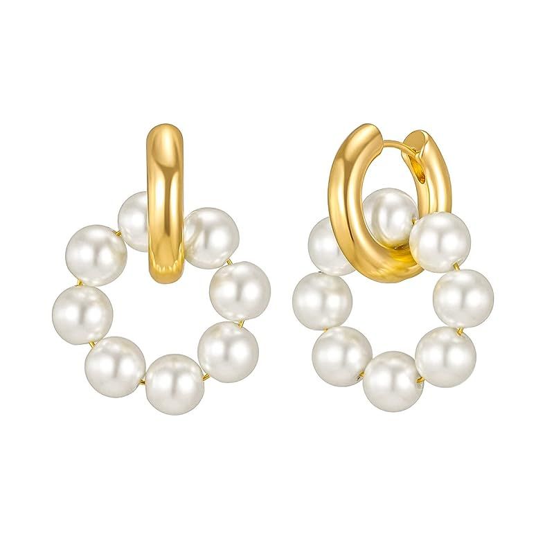 HJO Elegant Turquoise Shell Pearl Beaded Huggie Hoop Earrings for Women (White) | Amazon (US)