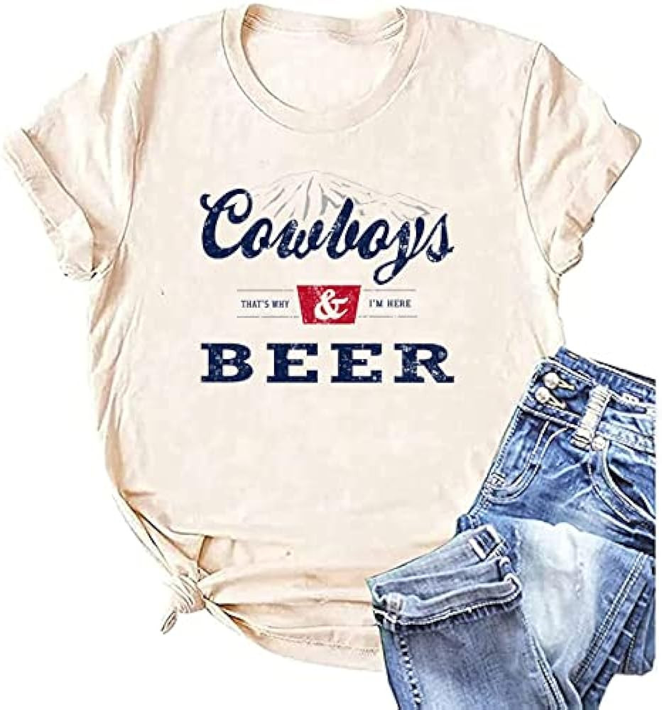 Cowboys and Beer Shirt Women Vintage Western Rodeo T-Shirt Funny Country Music Party Tee Cowboy G... | Amazon (US)