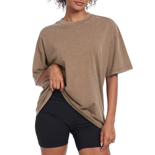 Womens Vintage Oversized T Shirts Acid Washed Baggy Cotton Tee Casual Workout Boyfriend Short Sleeve Tops(Coffee XXL) | Amazon (US)