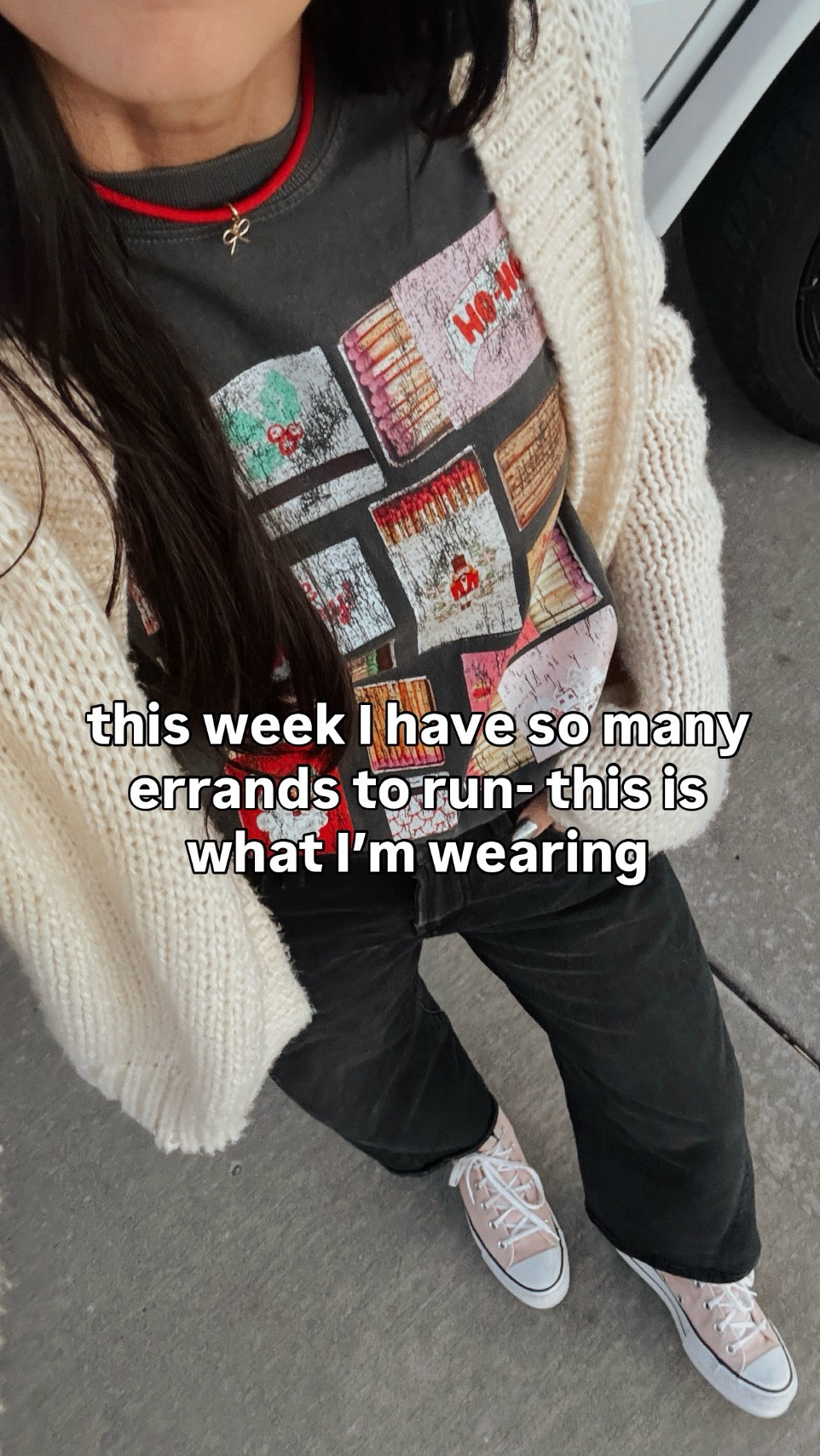 The best black jeans- a fun tee and of course some Converse. Tomorrow we have our Christmas party at work and for the fam, so lots on the to-do list. 🎅 I’ll link what I can in LTk- my tee is @jules_co_ and cardigan is old from @anthropologie.