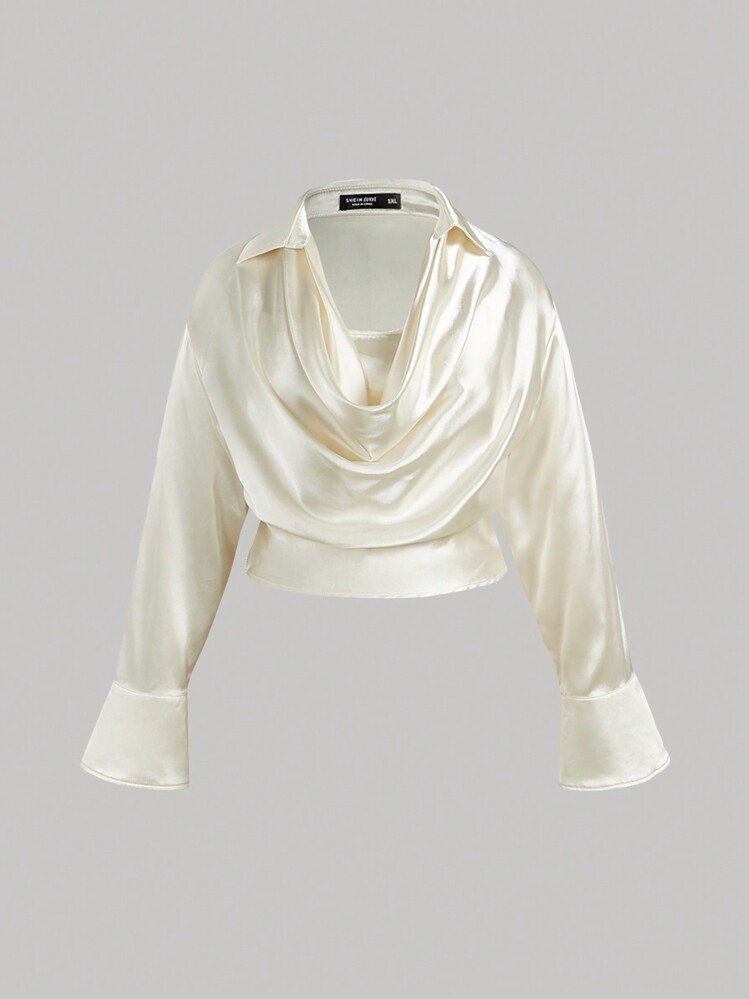 SHEIN MOD Plus Size Apricot Draped Collar Satin Trumpet Sleeve Shirt, Vintage, Party,Formal Top,F... | SHEIN