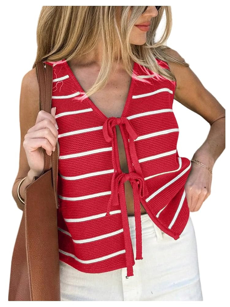 SOLY HUX Women's Striped Bow Tie V Neck Knit Tank Top Sleeveless Vest Summer Vacation Clothes | Amazon (US)