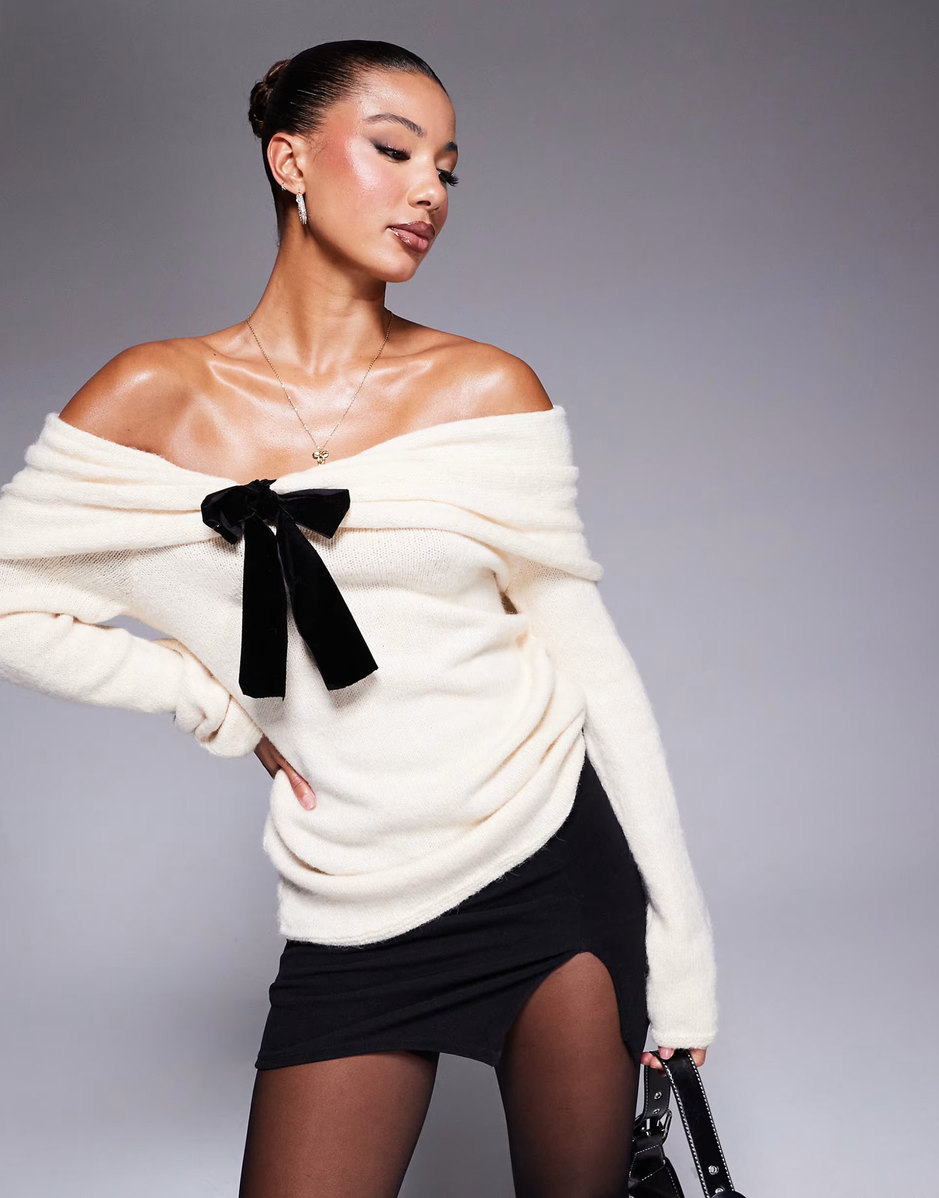 River Island bardot bow jumper in beige | ASOS (Global)